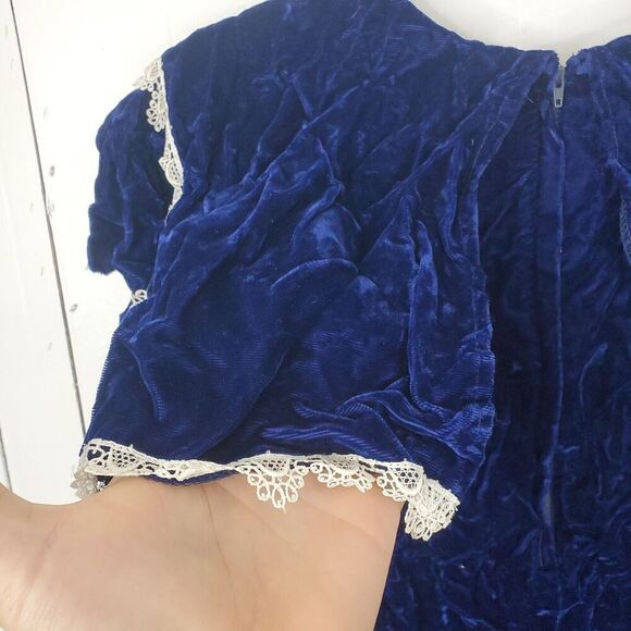 Gunne Sax Dress Velvet Vintage 80s Holiday Lace Trim Blue Draped Collar Girls 11 - Picture 7 of 11